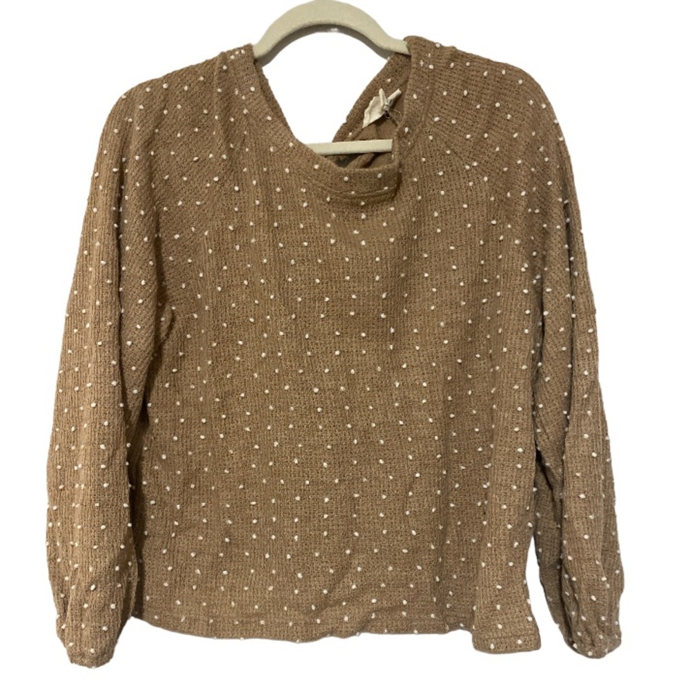 Flower & Feather Polka Dot Pom Pom Tan Tie Back Long Sleeve - Size L